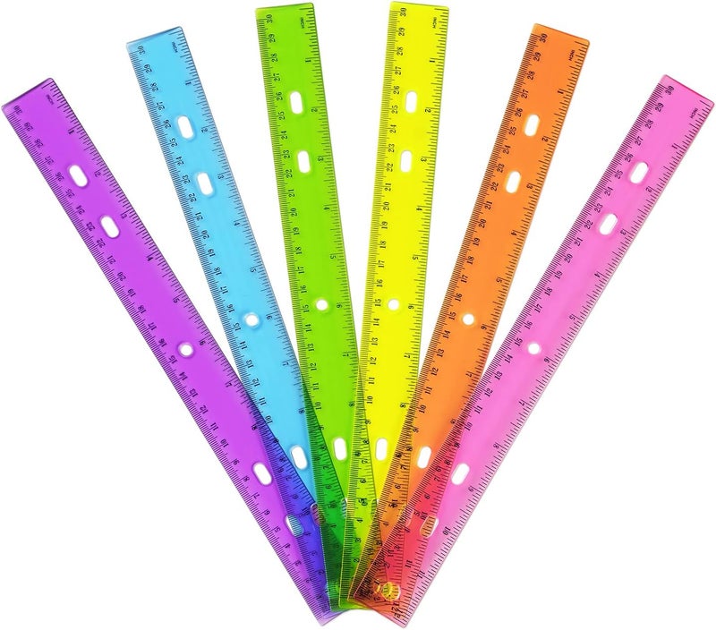 ZZTX 6 Pack Color Transparent Ruler Plastic Rulers 12 Inch, Metric Bulk Rulers with Inches and Centimeters, Kids Ruler for School, Home, Office - Image 1